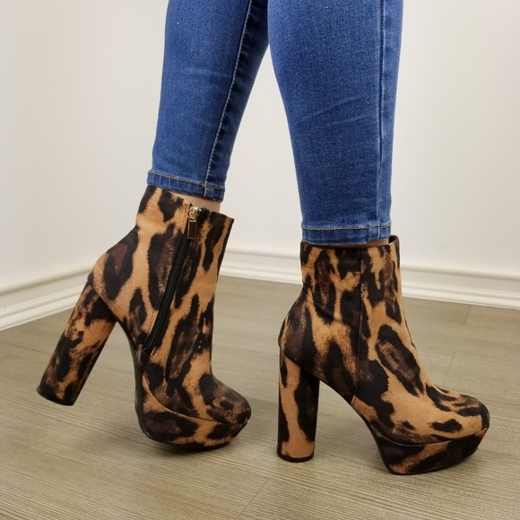 Shoes - Leopard animal print platform ankle booties